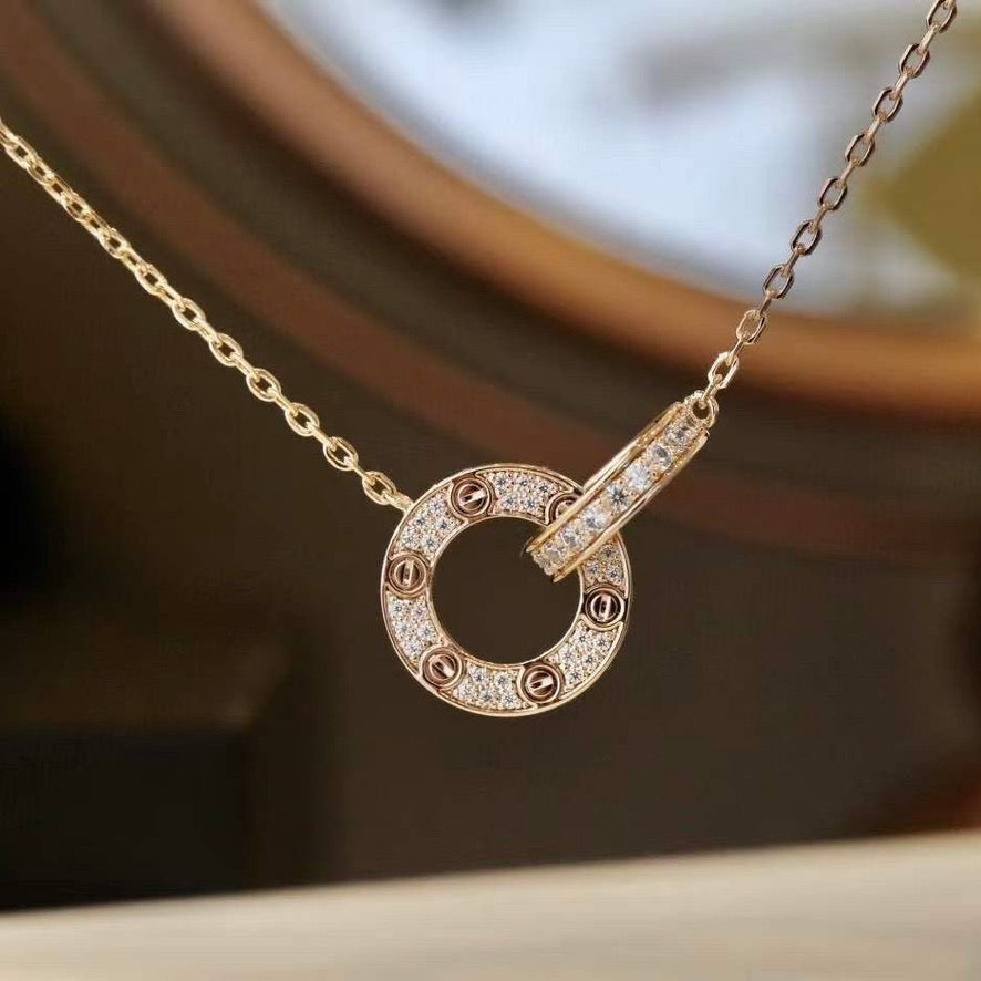 [Grace Jewelry]LOVE 7.6MM NECKLACE ROSE GOLD AND SILVER  FULL DIAMOND