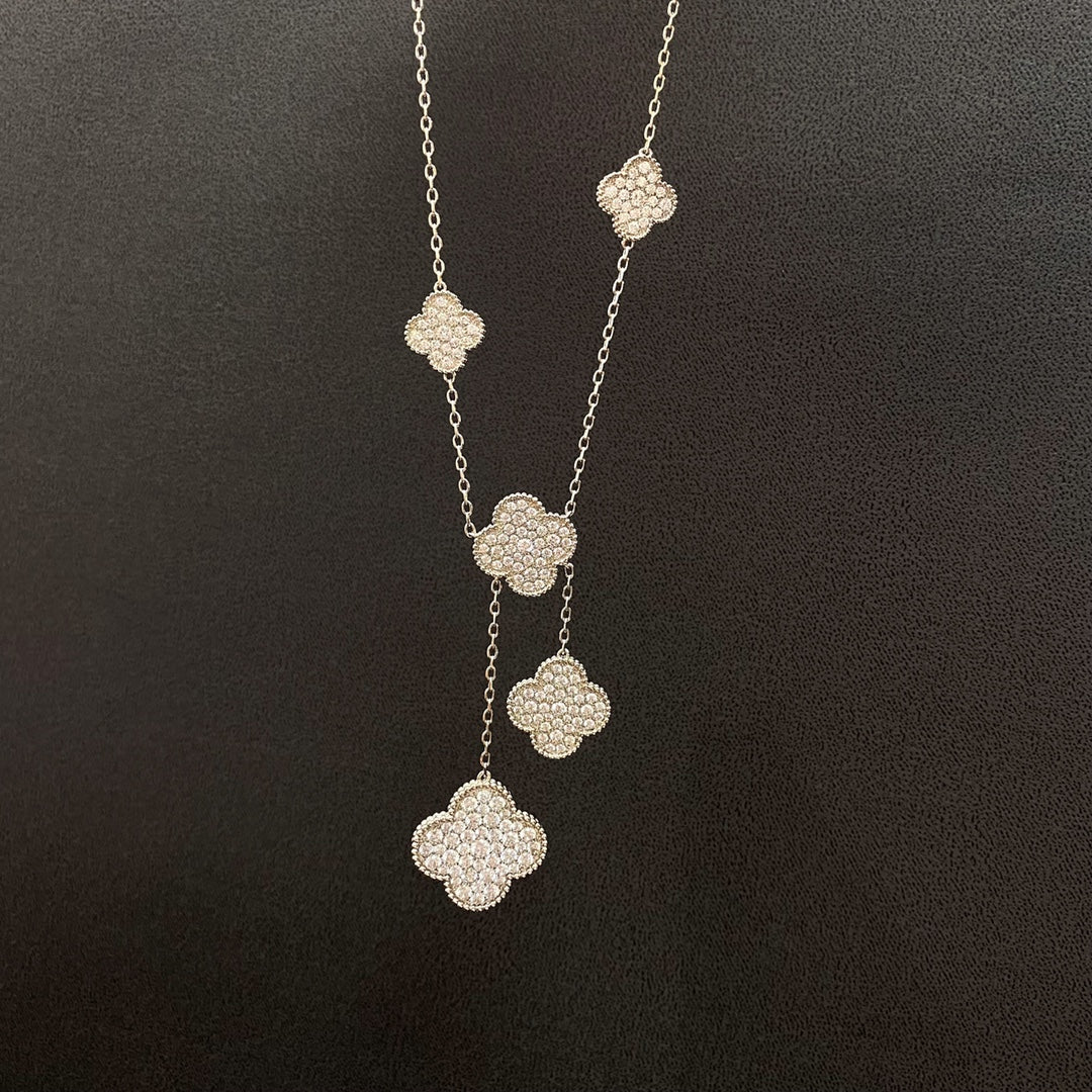 [Grace Jewelry]CLOVER 5 MOTIFS SILVER DIAMONDS NECKLACE