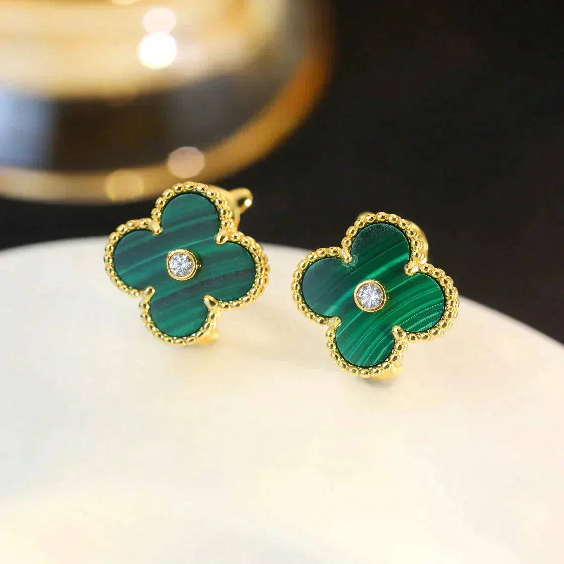 [Grace Jewelry]CLOVER MEDIUM 1 MOTIFS MALACHITE DIAMOND EARRINGS