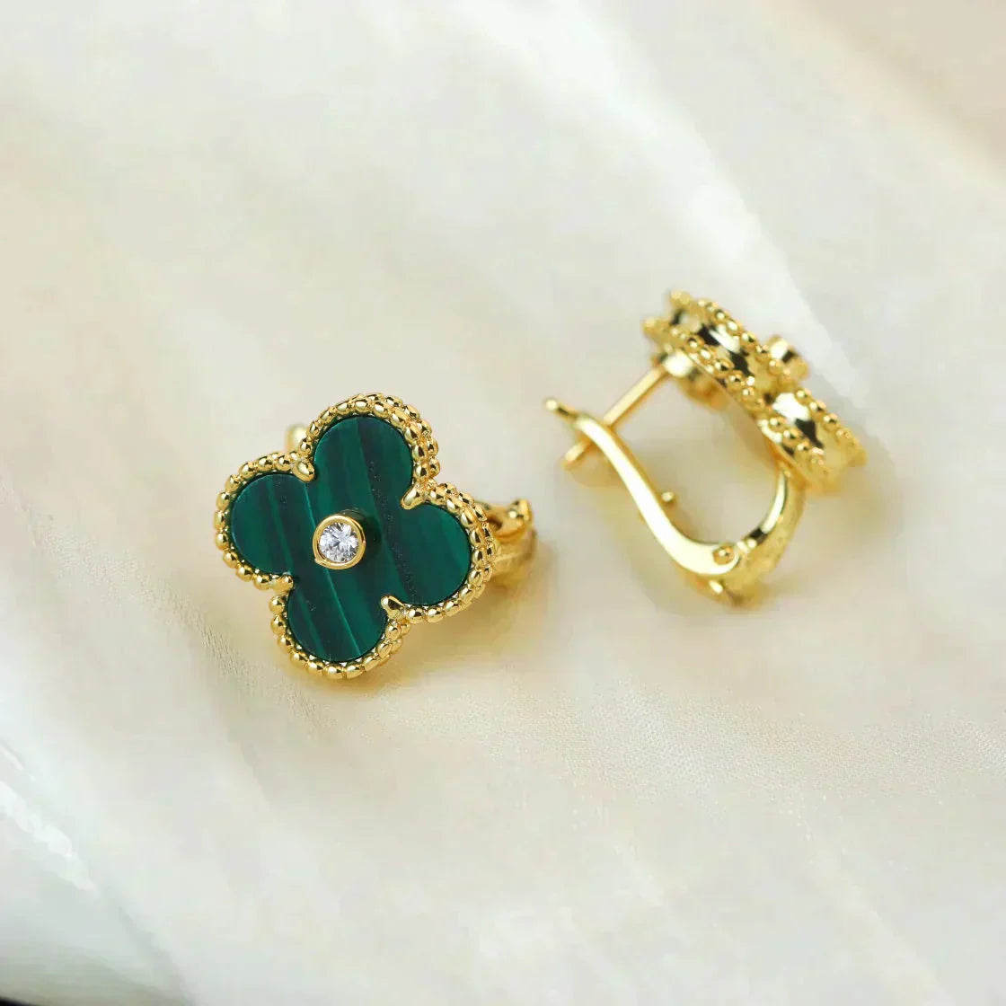 [Grace Jewelry]CLOVER MEDIUM 1 MOTIFS MALACHITE DIAMOND EARRINGS