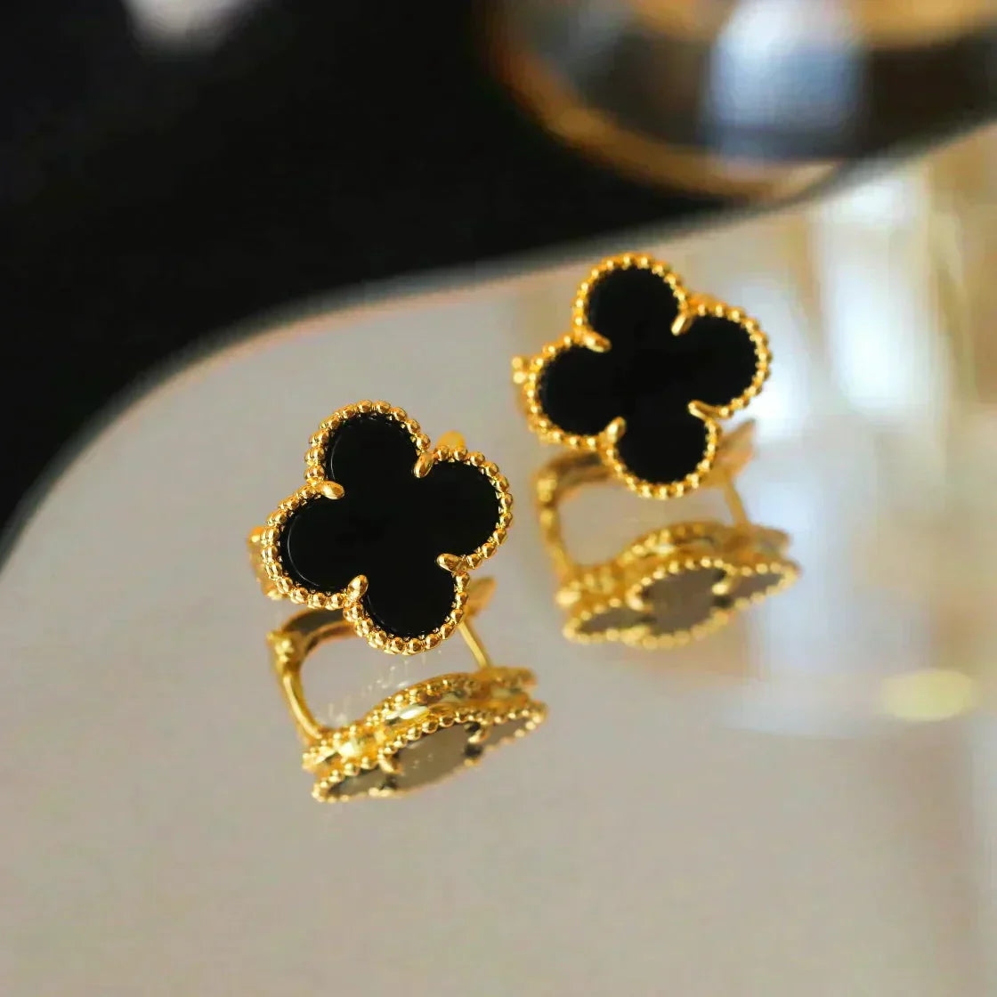 [Grace Jewelry]CLOVER MEDIUM 1 MOTIFS  ONYX STUD EARRINGS