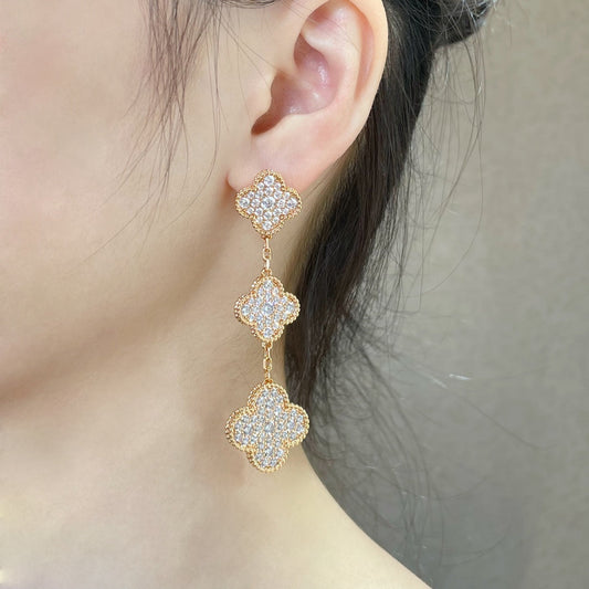 [Grace Jewelry]CLOVER 3 MOTIFS DIAMOND PAVED ROSE GOLD EARRINGS