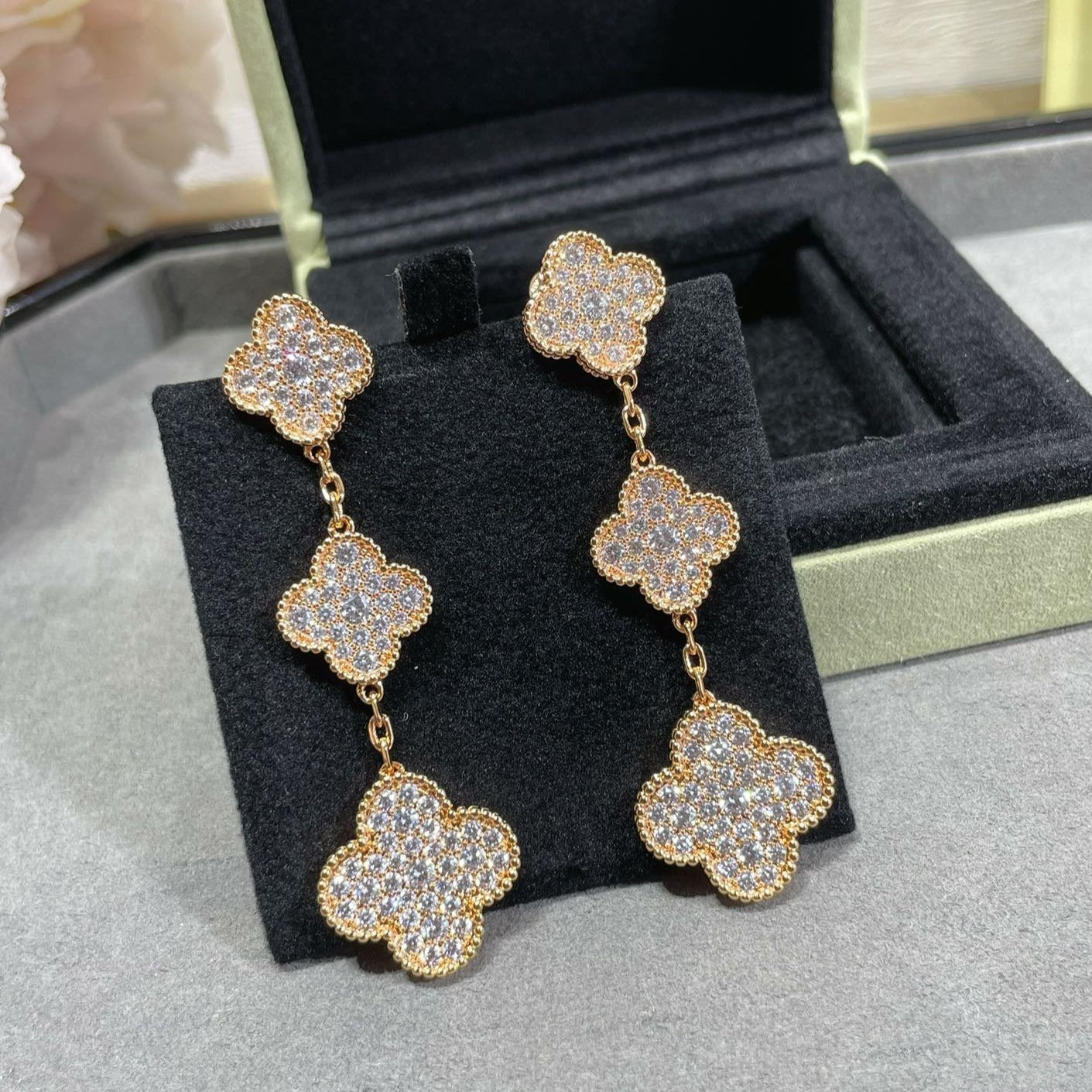 [Grace Jewelry]CLOVER 3 MOTIFS DIAMOND PAVED ROSE GOLD EARRINGS