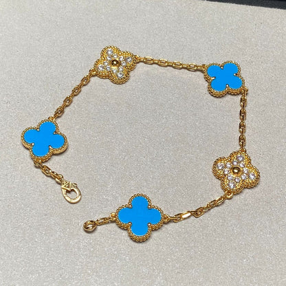 [Grace Jewelry]CLOVER 5 MOTIF BLUE CHALCEDONY DIAMOND GOLD BRACELET