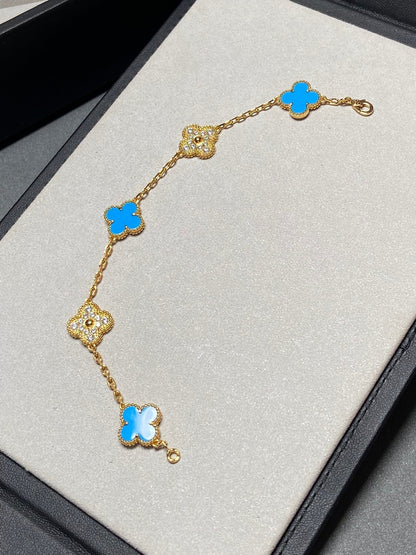 [Grace Jewelry]CLOVER 5 MOTIF BLUE CHALCEDONY DIAMOND GOLD BRACELET