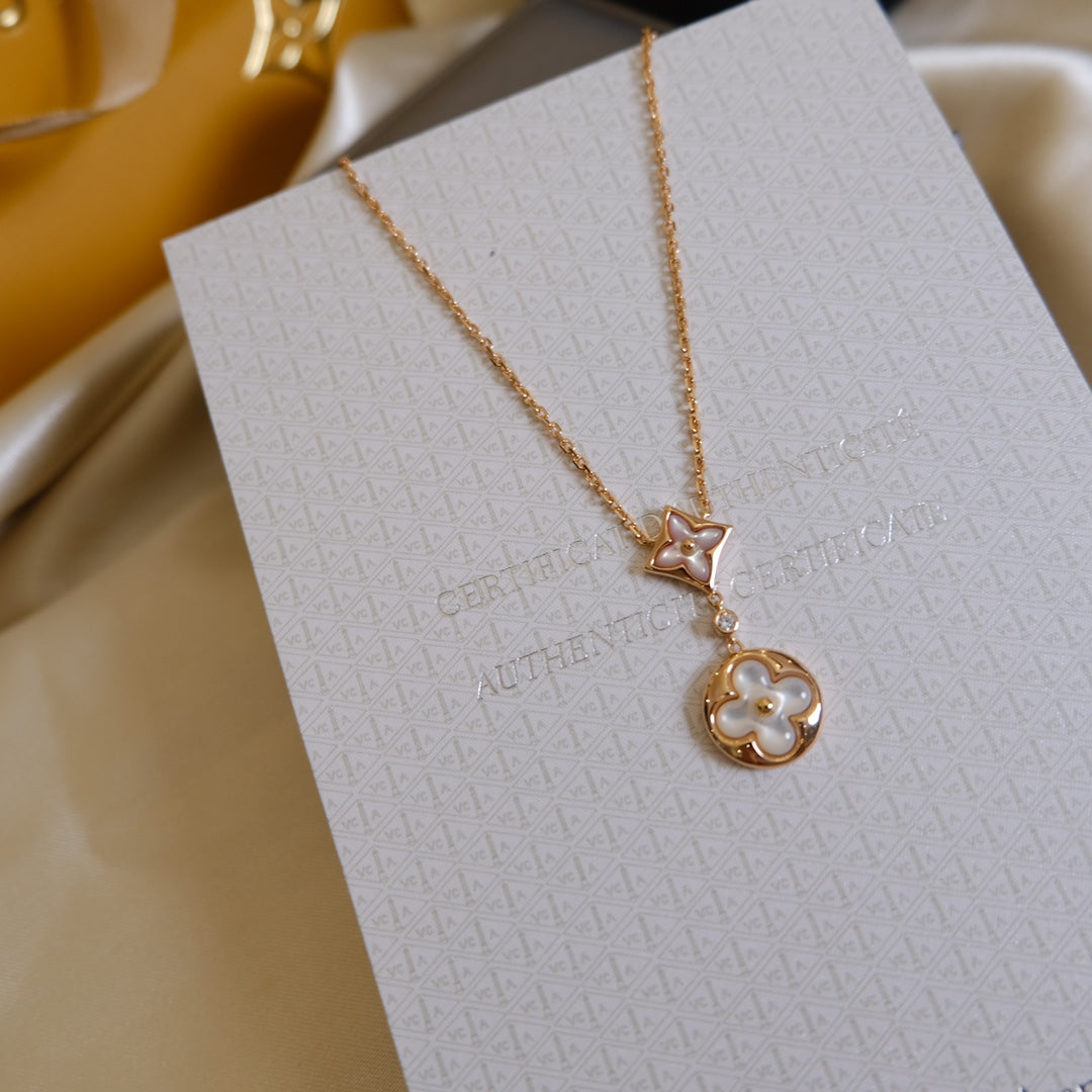 [Grace Jewelry]STAR AND SUN WHITE MOP 2 MOTIF PINK GOLD NECKLACE