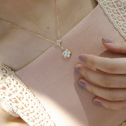 [Grace Jewelry]STAR AND SUN WHITE MOP 2 MOTIF PINK GOLD NECKLACE