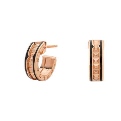 [Grace Jewelry]ZERO 1 ROCK PINK GOLD EARRINGS WITH STUDDED SPIRAL AND BLACK CERAMIC