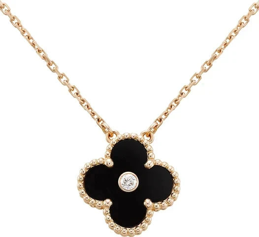 [Grace Jewelry]CLOVER 15MM DIAMOND ONYX NECKLACE