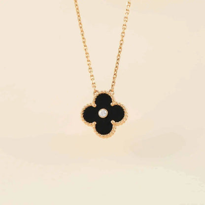 [Grace Jewelry]CLOVER 15MM DIAMOND ONYX NECKLACE