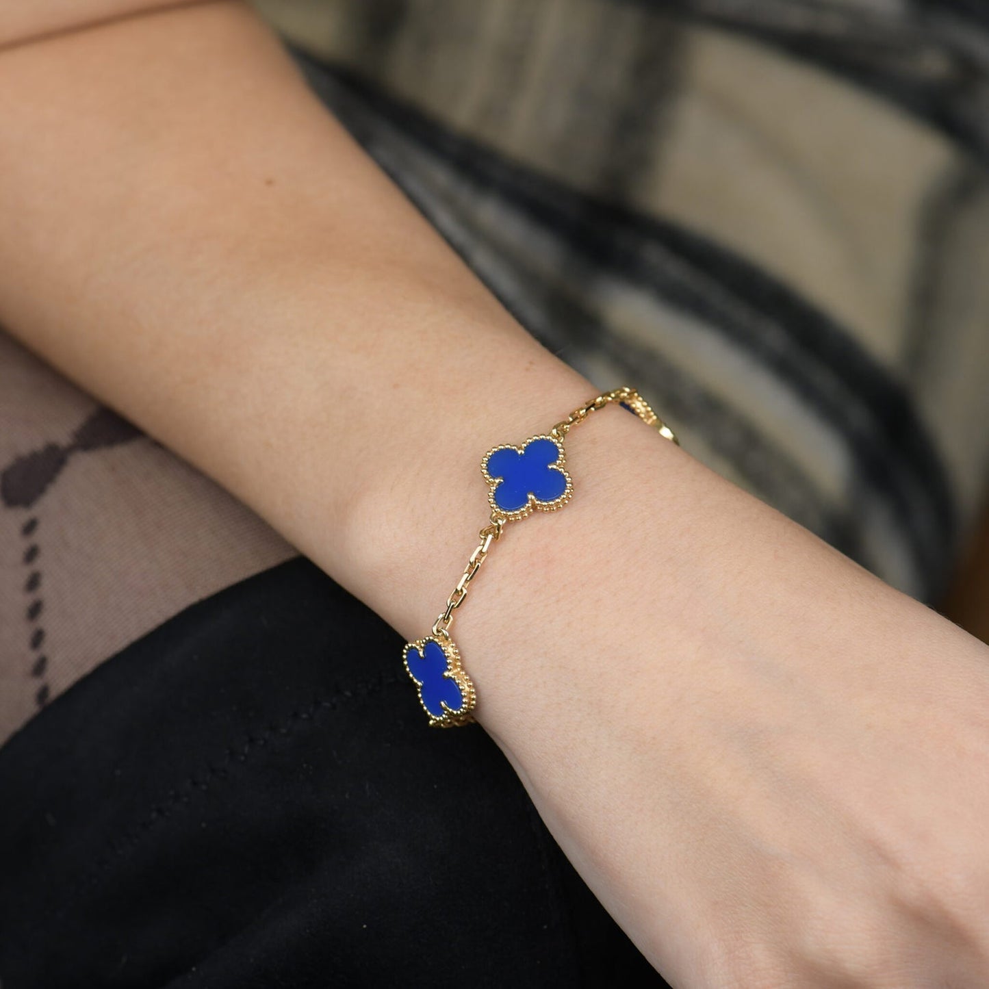 [Grace Jewelry]CLOVER 5 MOTIFS BLUE AGATE BRACELET