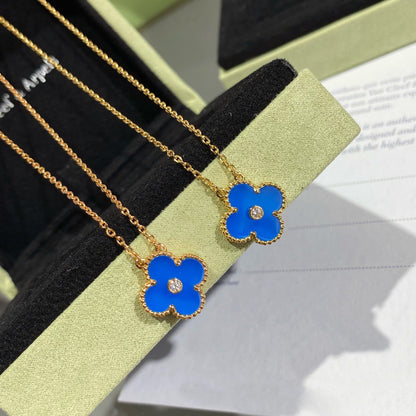 [Grace Jewelry]CLOVER 15MM DIAMOND AND BLUE AGATE NECKLACE