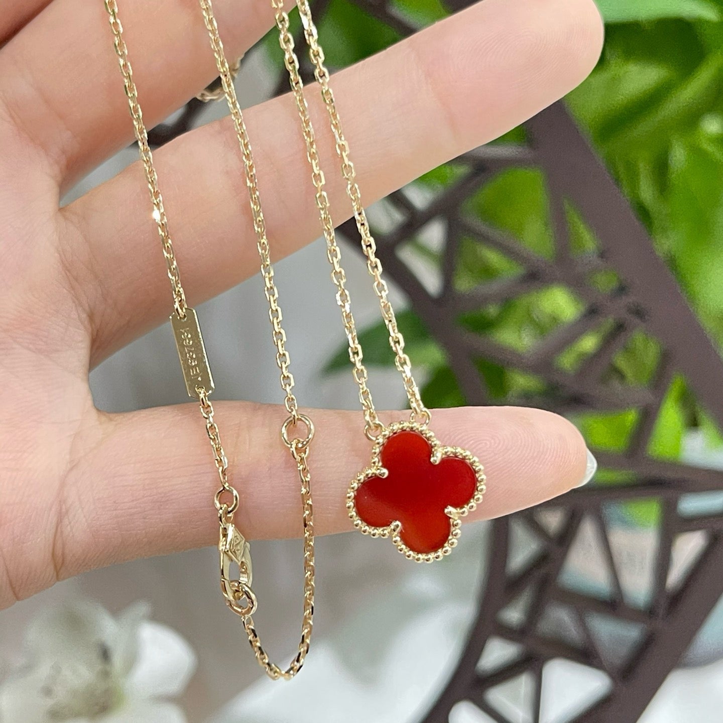 [Grace Jewelry]CLOVER 15MM CARNELIAN SINGLE FLOWER NECKLACE