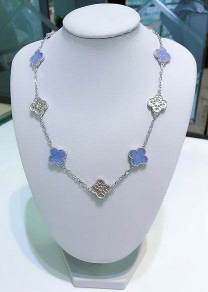 [Grace Jewelry]CLOVER 10 MOTIFS CHALCEDONY DIAMONDS SILVER NECKLACE